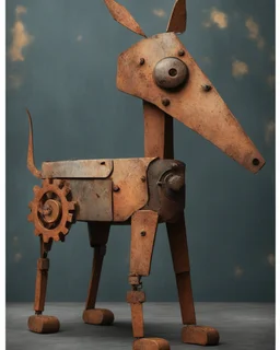 Illustration, comical dog created with disconnected shapes, shapes composed of flat rusted distressed metal panels. long irregular scalene triangle for head with oddly shaped ears, long neck connecting triangle head to oval body, with four legs and paws attached to body. A large rusted gear for the tail. whimsical, steampunk, dark distressed background.