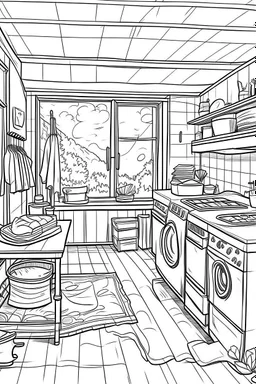 Outline art, house design, laundry room, no shading, no lines, cartoon style, --ar 9:11