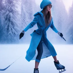 Woman skating on ice, blue, forest, snow, beautiful, mountain, masterpiece, expert, 8K, hyperrealism, sharp focus, cinematic lighting