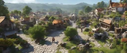 A small town market in a beautiful surreal sunny countryside scene with distant hills, many intricate characterful dwellings (designed by Esher) joined by many walkways & stairways, many paths, waterfalls & a waterwheel : ultra high detail, photorealistic, epic cinematic, 8K, Large depth of field