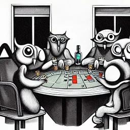 spanish illustrator, orage to blue, group of owls playing poker in 1945, wisky bottles , bar iterior, dollars on the table, rendering, cinematic, A WINDOW OUTSIDE IS RAINING AND NIGHT