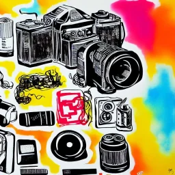 elements of photographic equipment. poster graphics. high detailed. acrylic painting and ink.