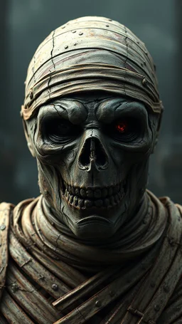 Busch painting style nightmare, a front view of the mummy by his face skin is a rusted broken metallic skin texture in a 3d rendering full-height image of a grim and dark scene. Ensure the final images exhibit the utmost quality, encompassing 4K, 8K, and 64K resolutions, with 3D rendering that manifests in photorealistic, hyperrealistic, and highly detailed representations. Employ techniques such as HDR, UHD,