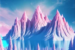 mountain topped with pink ice-cream, lake, trees, mystical, Neo-Dada,