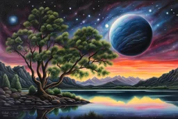 lake reflecting the Orion nebula, on an alien world within the Orion Nebula, by night, the nebula takes up the whole sky and is reflected in the water, alien otherworldly plant like life forms unlike those of earth :: extremely detailed, intricate, photorealistic, beautiful, high detail, high definition, pencil sketch, deep color, watercolor, award winning, crisp quality