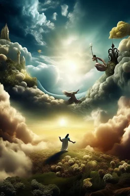 Generate a surrealistic landscape with Gods arm reaching down from a cloud surrounded by the sun and angels floating towards earth