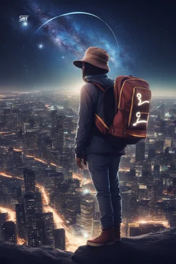 Supernova overlooking a city in the Milky Way galaxy with a person wearing a hat and a backpack with the Shift logo on it