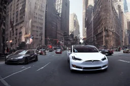 A Tesla 'Model S' is racing at top speed, on 'Wall Street', in New York. (CINEMATIC, WIDE ANGLE LENS, PHOTO REAL)