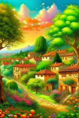 Buatkan gambar surga yang penuh paohon dan buah buahan jalan yang halus rumah yang bagus dari permata