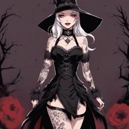 [illustration for wii No More Heroes style with thick lines] The Dark Lord's Granddaughter is a witch with her bloody fangs, covered by tattoos and lace agent provocateur dress ; she stands poised on hands and knees