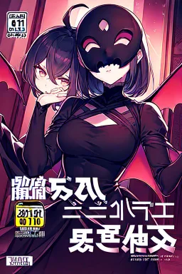 girl with demon mask in the middle of the room, line arts, manga cover