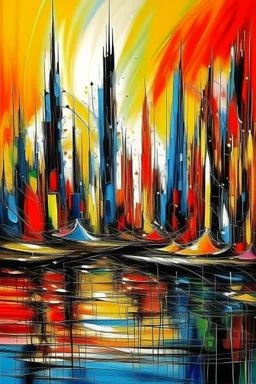 Dubai city in abstract expressionist painting in vivid colors, thick impasto brushstrokes, spontaneous drips and splatters, texture and movement, explore emotions and ideas through non-representational forms --v 5.2