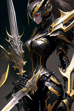 a woman with a sword in her hand, 2. 5 d cgi anime fantasy artwork, ghostblade, black and golden armor, of a beautiful saryn warframe, intricate assasin mecha armor, black armor, sharp black armor, dark warrior, cgsociety 9, anime fantasy artwork, of a beautiful female warframe, detailed warframe fanart