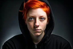 A woman with short, bright red hair, brown eyes, wearing a black hoodie.