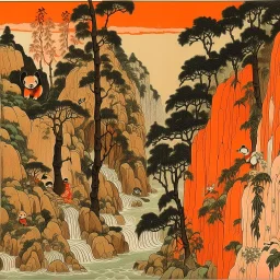 A light rosy orange colored oriental gorge with pandas painted by Utagawa Hiroshige