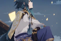 Xiao from Genshin Impact, highly detailed, intricate background, sitting on rooftop, contemplative