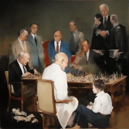 Putin, President Xi Of China And Joe Biden Play Chess With Atomic Bomb Mushroom Cloud,Complex Surgical Instruments Intermixed With A Newborn Boy,Minimalism,Painting By Adrian Ghenie,Rene Magritte,Pablo Picasso,Michelangelo,Salvador Dali,Lucian Freud