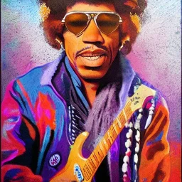 a realistic portrait of Jimi Hendrix at a turntable with headphones on being a DJ, vivid color, with sunglasses