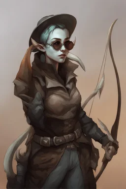 Dnd character with a tail and horns. A female Tiefling archeologist with very short hair, wearing adventure clothes.