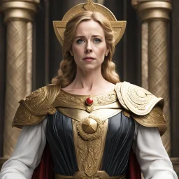 Amy Hargreaves as the deity of justice, she is blind and holds the scale