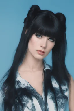 a female named Christine Sixteen with Long, pitch-black hair, two ponytails, bangs cut straight across forehead, blue eyes, sky blue stained wall in the background, dressed as a member of the Rock and Roll band KISS,