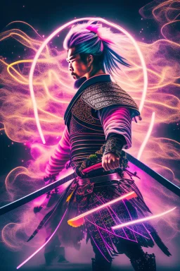 Mystical samurai emitting an aura with a long, neon sword emitting an aura