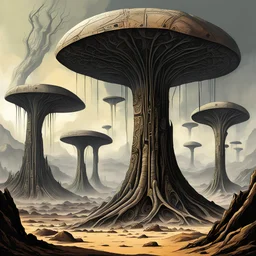 only one tree left, Extensive deforestation, fewer trees, otherworldly bas-relief glyphs on alien deserted planet giant natural rock formations, first contact concept art, abstract surreal sci-fi, by Colin McCahon and Jim Burns and Brian Despain, by H.R. Giger, silkscreened mind-bending illustration ; sci-fi poster art, asymmetric, alien colors, vertical scroll of strange geometric symbols, complex biomorphism, technical biomechanics, futurism