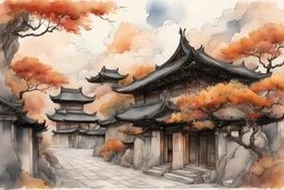 Streets of Ancient Chinese Town, Art Nouveau House, Trees, Clouds, Autumn, Watercolor, Calligraphic Lines, Pen Drawings, Black Ink, Intricate Details, Color