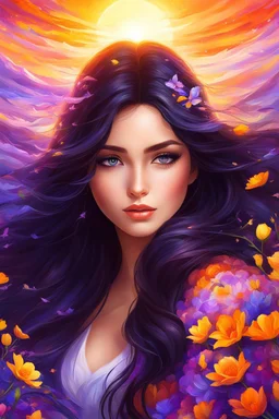 Masterpiece, best quality, digital painting style, adorable digital painting, beautiful fantasy art, colorful. Her dark hair cascades, and her kind eyes seem like gentle winds blowing. With awe, she gazes at the vibrant hues of the sunset - a kaleidoscope of orange, purple, and yellow. Enveloped in the embrace of spring's gentle spell, her heart awakens to the beauty that dwells around her. The world is so colorful, ablaze with life's zest, and she becomes part of nature's eternal quest.