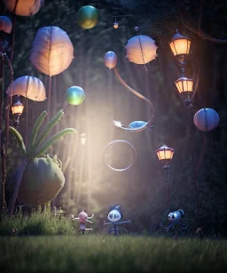 Tim burton photographer, Ultra realistic garden night scene, portrait, wide angle view :: child playing with feather pillows and sweet inflatable monsters, circus dress style, feather color, free jumping, soft color, highly detailed, unreal engine 5, ray tracing, RTX, lumen lighting, ultra detail, volumetric lighting, 3d, finely drawn, high definition.