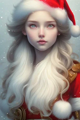 girl, cute, beautiful, long eyelashes, white hair, Santa hat, snowflakes, Christmas dress, head and shoulders portrait, 8k resolution concept art portrait by Greg Rutkowski, Artgerm, WLOP, Alphonse Mucha dynamic lighting hyperdetailed intricately detailed Splash art trending on Artstation triadic colors Unreal Engine 5 volumetric lighting