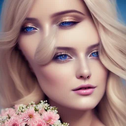 A beautiful one nude body of a make up smiling woman blond long hair, alone, high key lighting, volumetric light high details with white stripes and blue eye, smiling with plump pink lips, flowers around, unreal engine