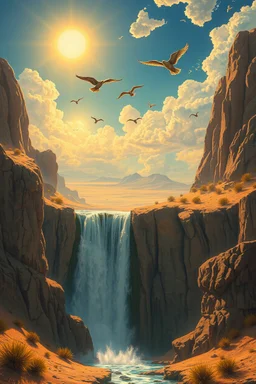 Hieronymus Bosch Style high quality picture waterfall in the desert birds hovering above sunny hot sky