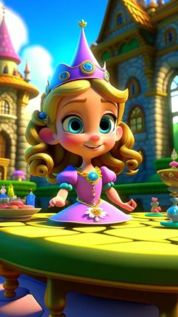 With ribbons and bows, and a table so neat, She readies the castle for a magical feat. The aroma of tea, in the air, starts to twirl, As Princess Penelope invites every boy and girl. , cartoon,3D