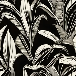 black and white banana leafs wallpaper pattern in vector lines, same line weight