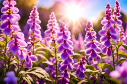 Magic garden with angelonia, pink flowers, parma or blue light effects colors, sun, realistic, angelonia flowers around, high contrast, 8k, high definition, concept art, sharp focus
