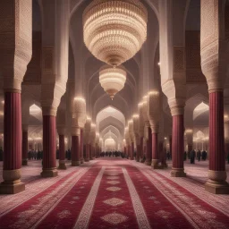 Hyper Realistic lots of people Praying-Namaz-in-symmetrical-order inside a huge Mosque-hall-with-white-&-maroon-walls-&-fancy-pillars decorated with traditional-lamps & beautiful carpets at night showing dramatic-&-cinematic-ambiance