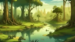 Cartoon illustration for children: Cenozoic swamp, millions of years ago, with towering prehistoric trees