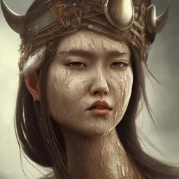 foto do rosto molhado, muito detalhado de uma mulher japonesa maravilhosa, vestindo viking