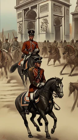 "Generate an image of the occupation of France by the Germans in World War II, depicting the German army marching under the Arc de Triomphe in Paris. The image should show an officer riding a horse at the head of the procession, followed by a military band and columns of soldiers in fives. The Arc de Triomphe should be visible in the background, with the Champs-Élysées stretching out in front of it. The overall color palette should be muted and somber, with a focus on grays, browns, and greens.