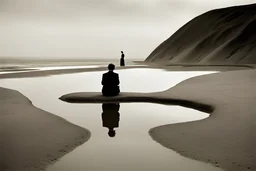 gilbert garcin style photograph, a person is sitting by a seashore with billows, feet in the water, ooking into a mirror, but there is no person in the mirror just an empty landscape