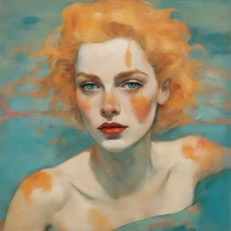 Egon schiele painting of a blond grunge woman, with freckles, she looks like jayne mansfield, , in the swimming pool, orange, pink, turquoise, yellow colors