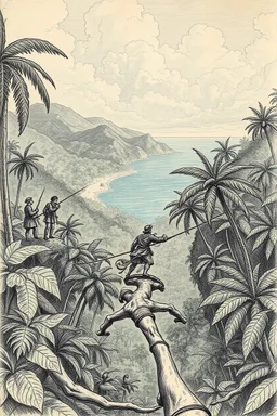 Vasco Núñez de Balboa crossing the panama jungle to the pacific ocean in the style of davinci sketch