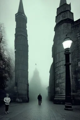 Creepy Old photo of Southampton bargate and eerie cat man and twisted street lights focussed on children's faces