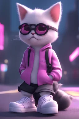 cartoon cute cat with white and sneakers, Cyberpunk realism style, front view,wearing a pair of black glasses, zbrush, Arys Chien and light magenta, lit children, 32k uhd, street fashion, round,8k,HD