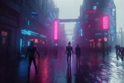 3D, beautiful, light reflecting, empty future city at night, rainy night, neon, cyberpunk, tron, one cyborg walking, 8k, finely detailed, photo realistic