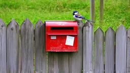 an old wooden fence with a little bird on it, a red old mailbox on the fence, a big note stuck on the mailbox