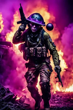 an epic 12k,ultra high definition , digital photo of a scary looking alien, purple colored alien, angy and rising from the ashes, a war veteran, army beret , captain rank, ripped and torn ammo clothing, chaotic fiery and dust background, dramatic close-up action shot of him behind the machine hand gun on the burned out war tanker,gothic and sinister