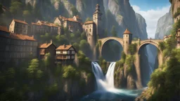 a steep, narrow, 3.000 feet tall ravine. a multiple waterfall falling into the middle of a medieval european city. The city is at the bottom of the ravine. a masterpiece, fantasy concept art, dynamic lighting, hyperdetailed, intricately detailed, deep color, Unreal Engine, volumetric lighting, Epic cinematic brilliant stunning intricate meticulously detailed dramatic atmospheric maximalist digital matte painting