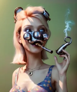 Ultra realistic photographic portrait, happy blonde woman smoking a pipe in Wonderland, wide angle view, smile steampunk dress style, marihuana plants, color fog, color smoke, soft color, highly detailed, unreal engine 5, ray tracing, RTX, lumen lighting, ultra detail, volumetric lighting, 3d, finely drawn, high definition.